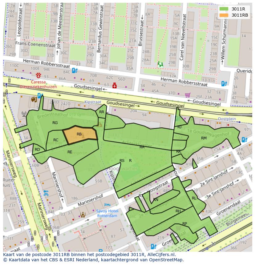 Afbeelding van het postcodegebied 3011 RB op de kaart.