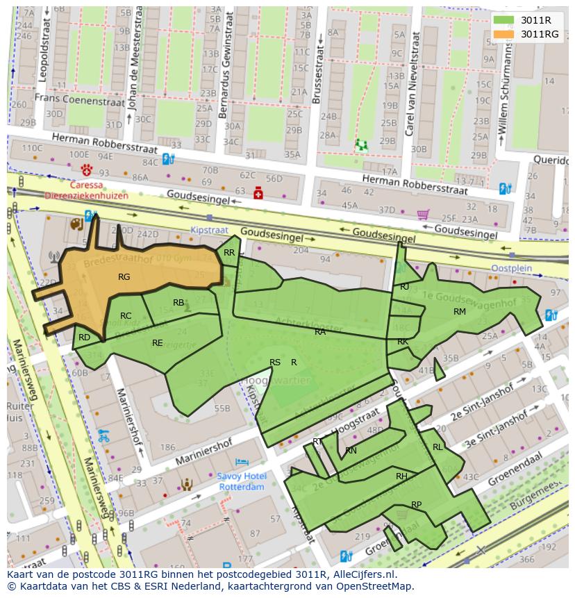 Afbeelding van het postcodegebied 3011 RG op de kaart.