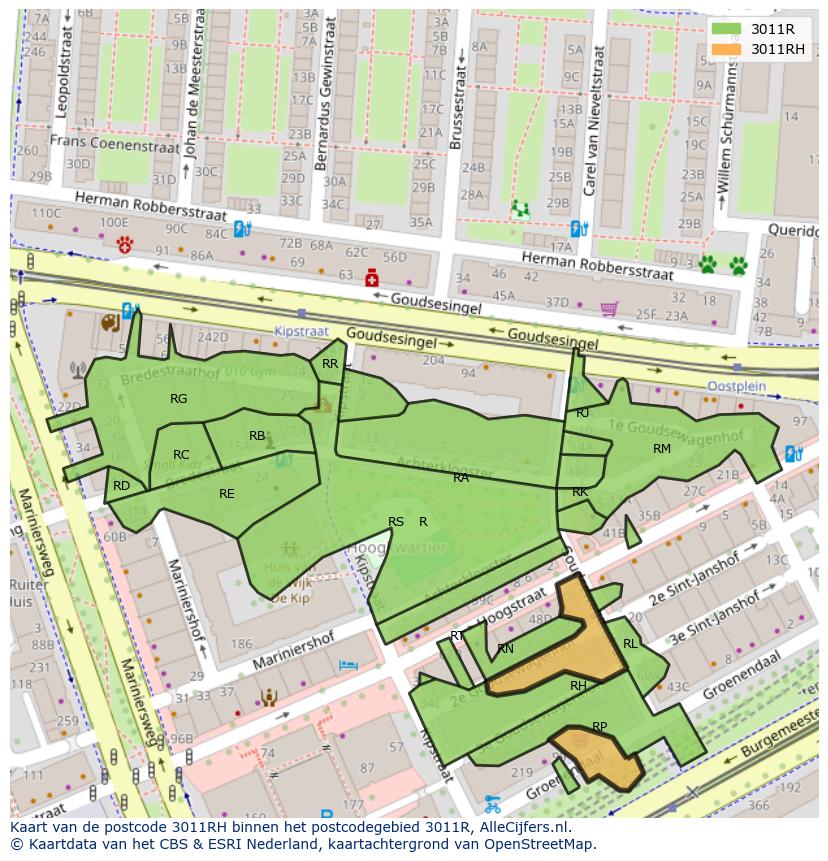 Afbeelding van het postcodegebied 3011 RH op de kaart.