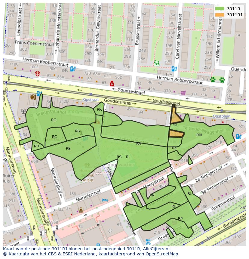 Afbeelding van het postcodegebied 3011 RJ op de kaart.
