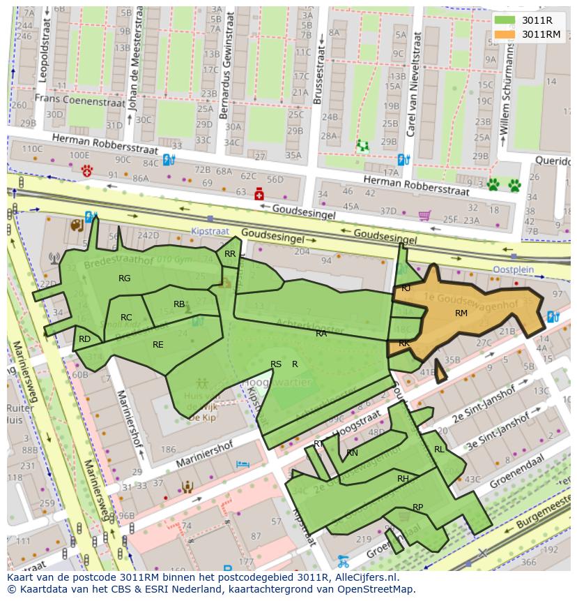 Afbeelding van het postcodegebied 3011 RM op de kaart.