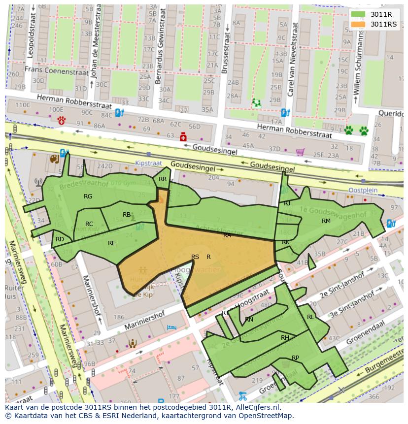Afbeelding van het postcodegebied 3011 RS op de kaart.