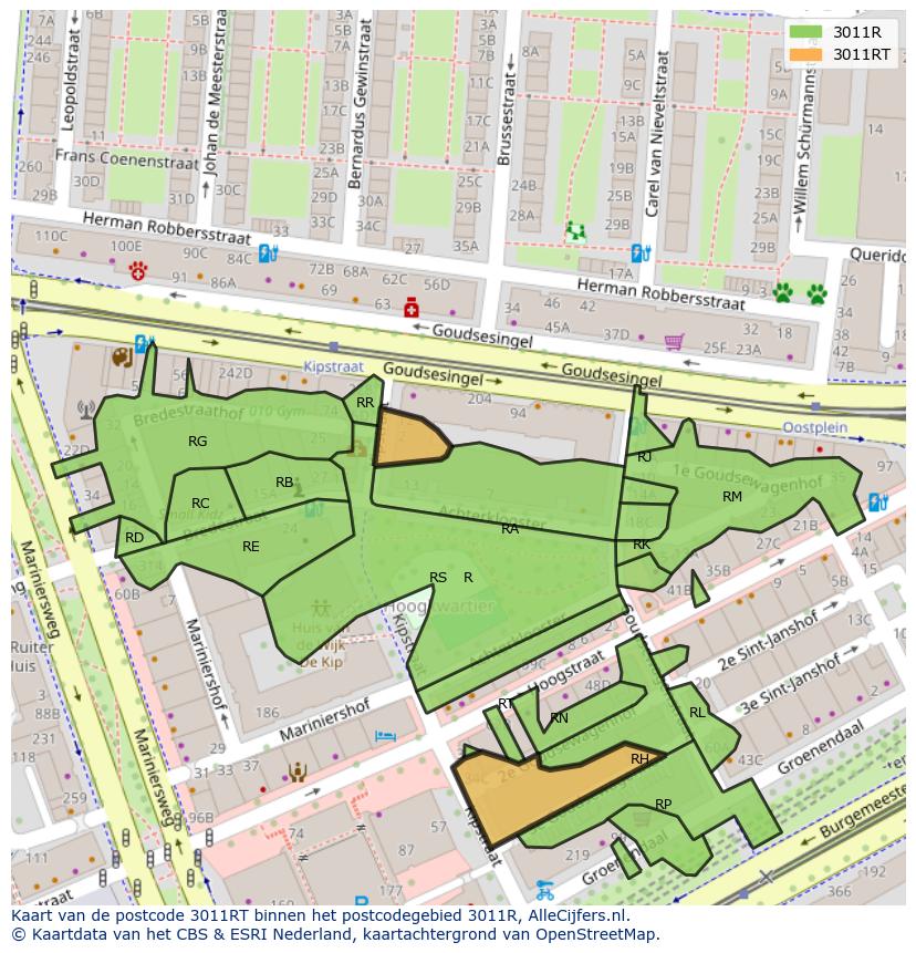 Afbeelding van het postcodegebied 3011 RT op de kaart.