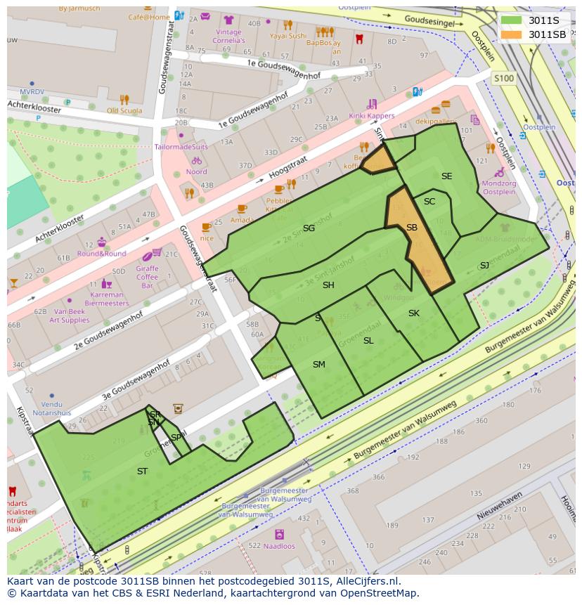 Afbeelding van het postcodegebied 3011 SB op de kaart.