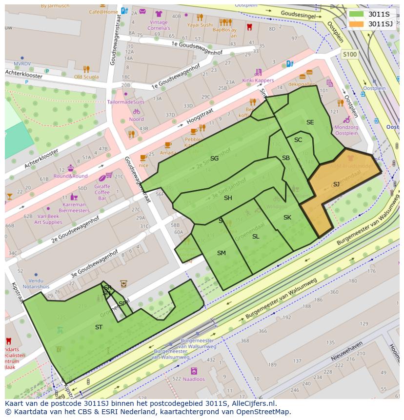 Afbeelding van het postcodegebied 3011 SJ op de kaart.