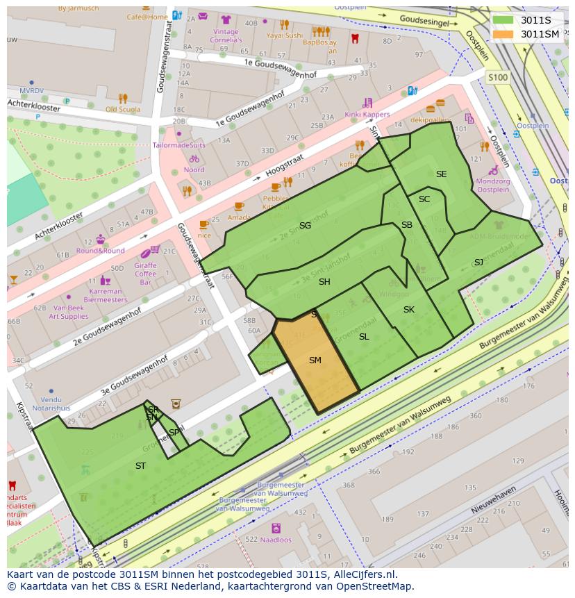 Afbeelding van het postcodegebied 3011 SM op de kaart.