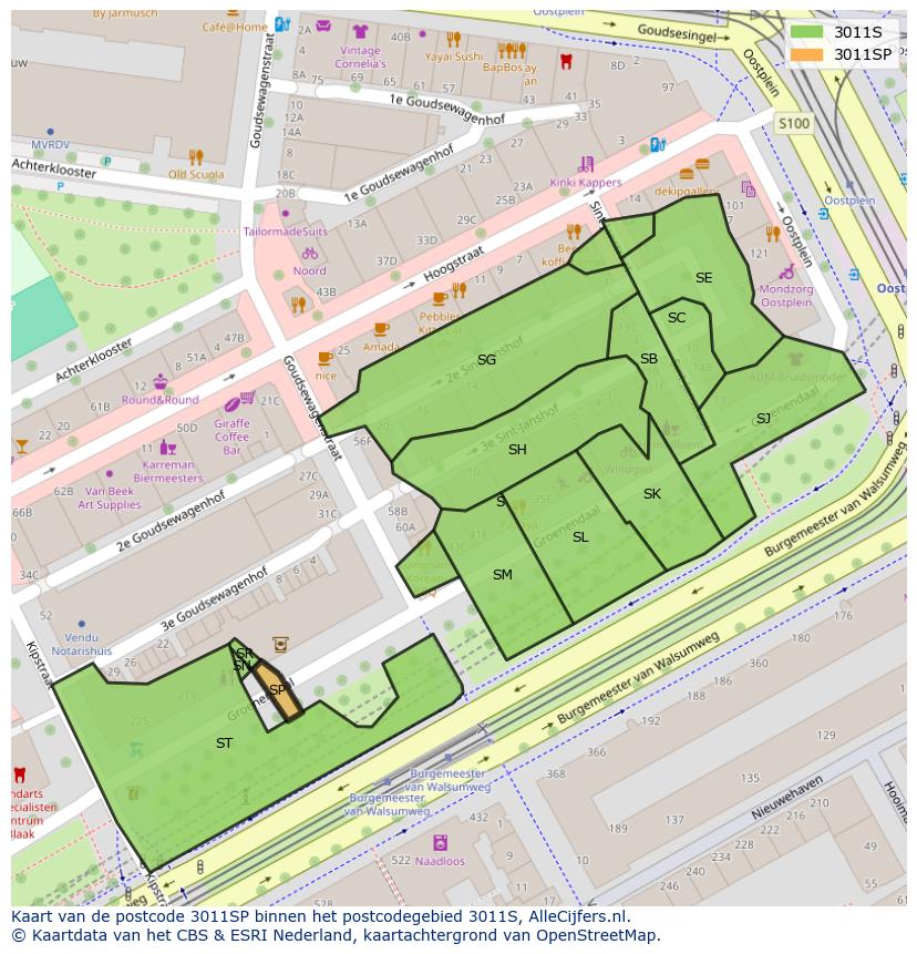 Afbeelding van het postcodegebied 3011 SP op de kaart.