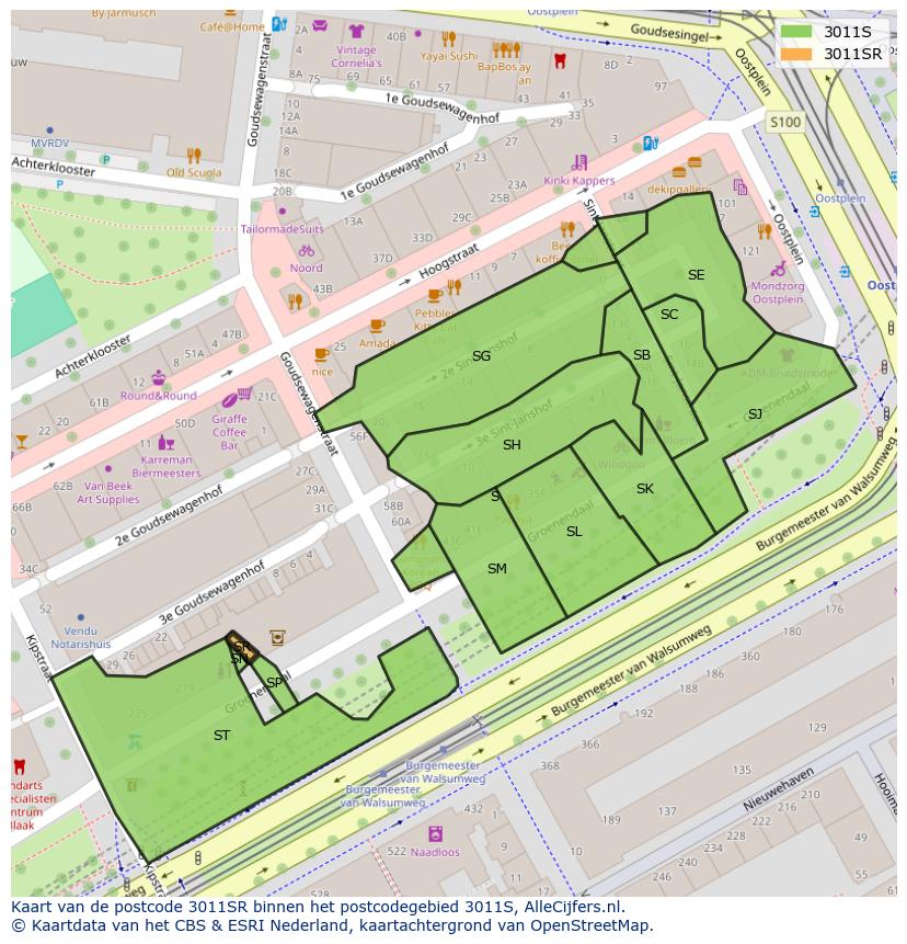 Afbeelding van het postcodegebied 3011 SR op de kaart.