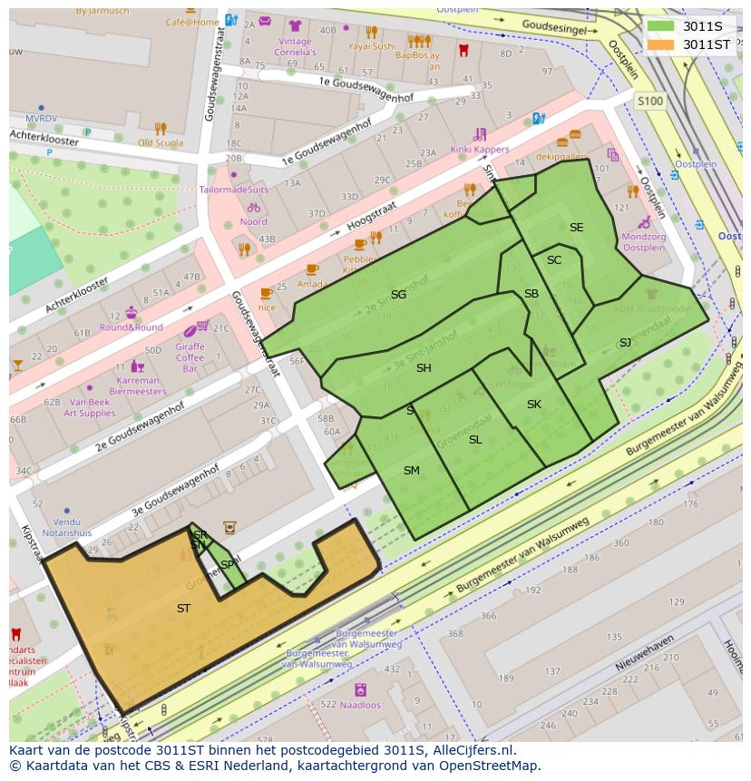 Afbeelding van het postcodegebied 3011 ST op de kaart.