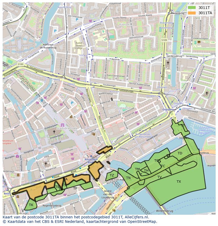 Afbeelding van het postcodegebied 3011 TA op de kaart.