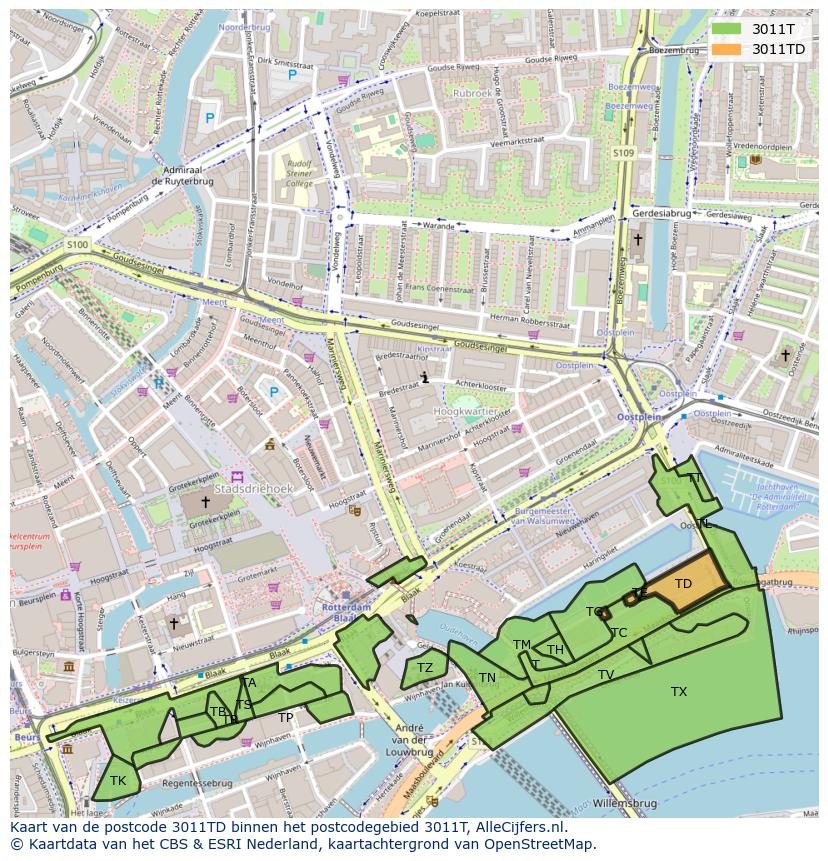 Afbeelding van het postcodegebied 3011 TD op de kaart.