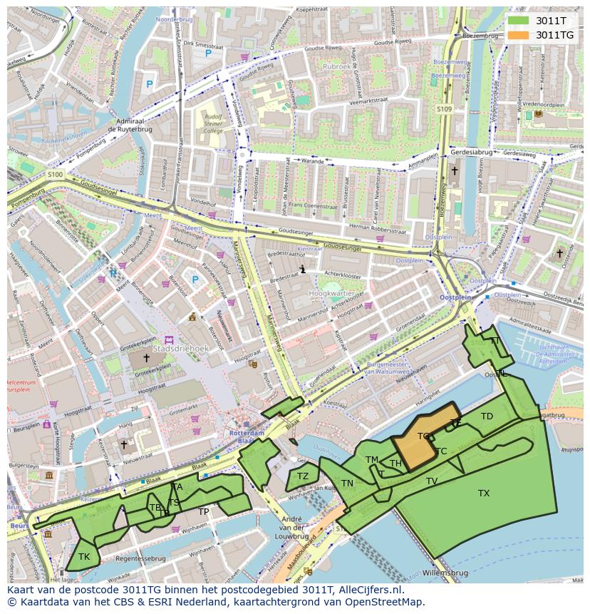 Afbeelding van het postcodegebied 3011 TG op de kaart.