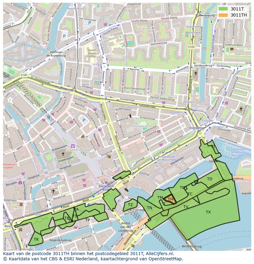 Afbeelding van het postcodegebied 3011 TH op de kaart.