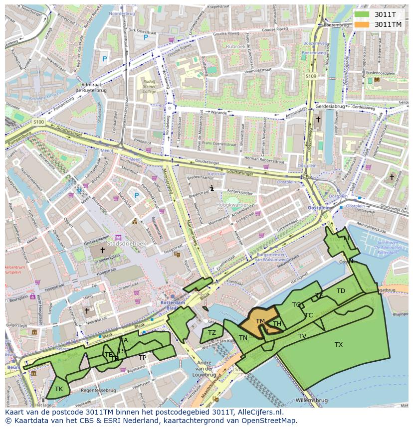 Afbeelding van het postcodegebied 3011 TM op de kaart.