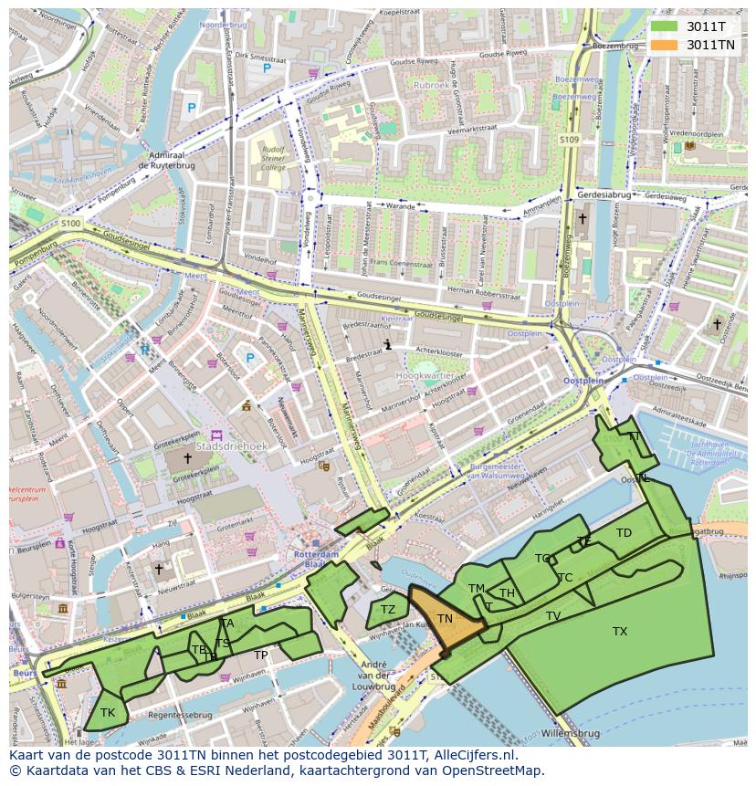 Afbeelding van het postcodegebied 3011 TN op de kaart.