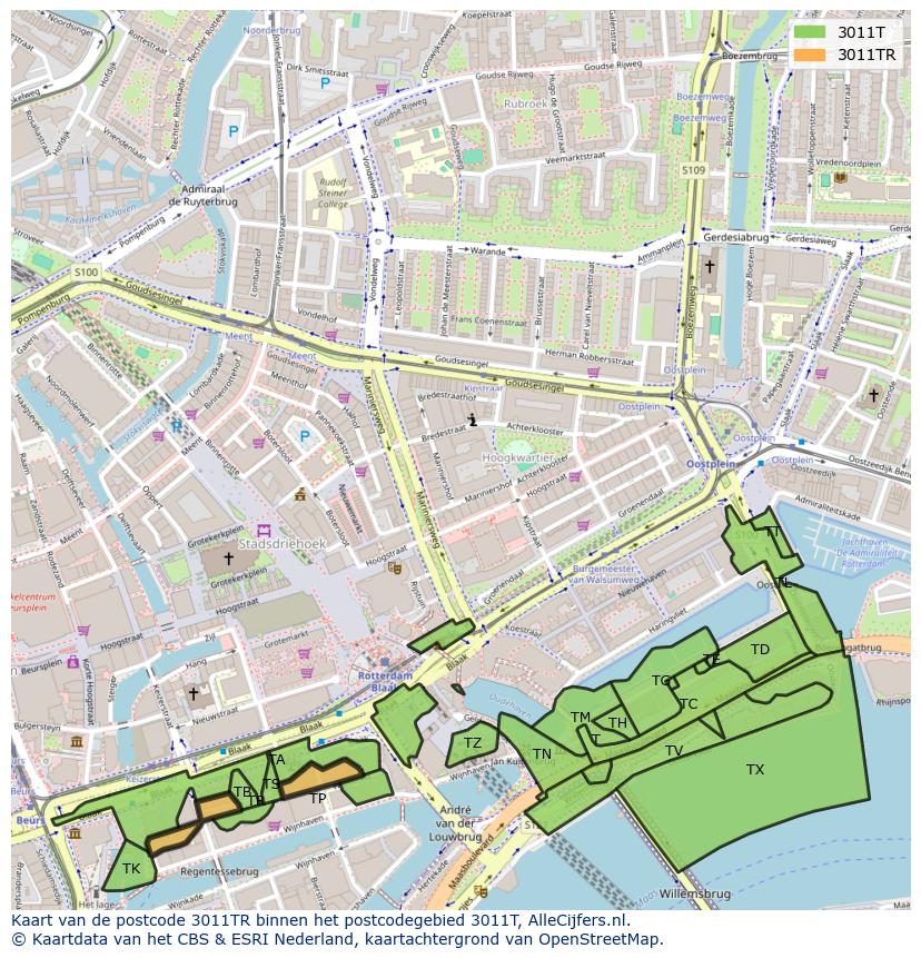 Afbeelding van het postcodegebied 3011 TR op de kaart.