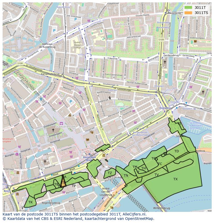 Afbeelding van het postcodegebied 3011 TS op de kaart.