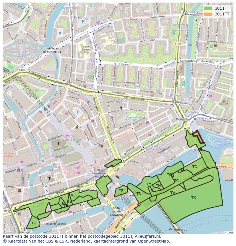 Afbeelding van het postcodegebied 3011 TT op de kaart.