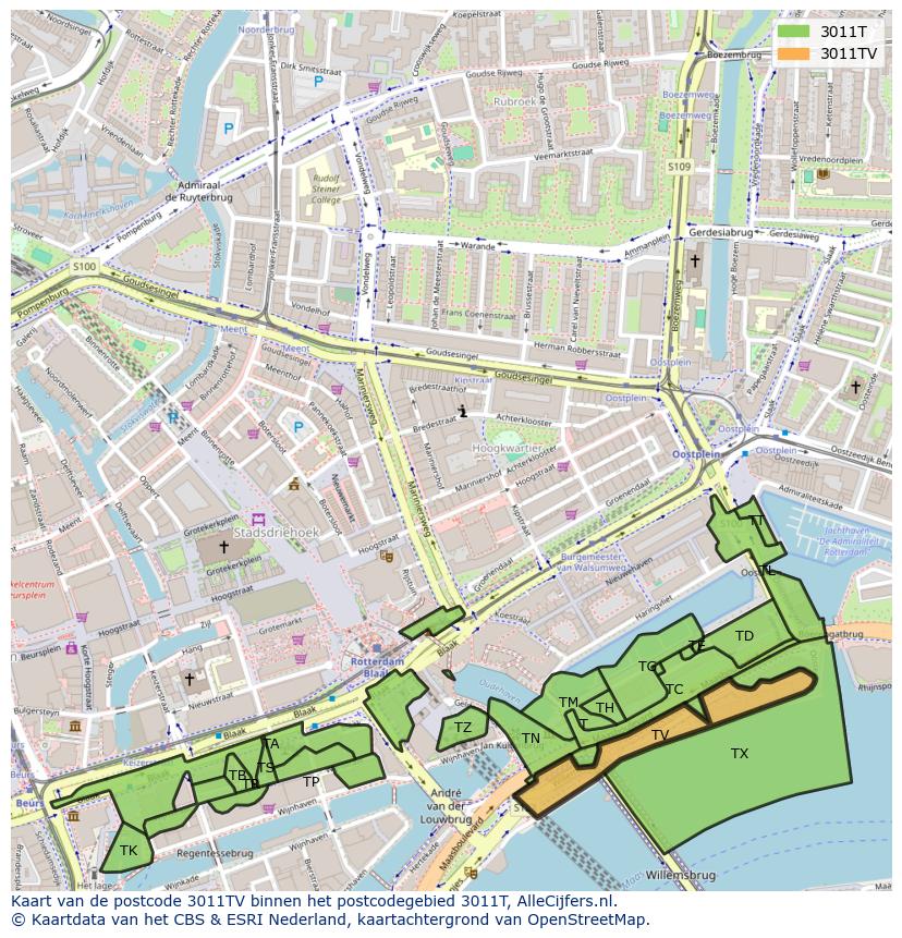 Afbeelding van het postcodegebied 3011 TV op de kaart.