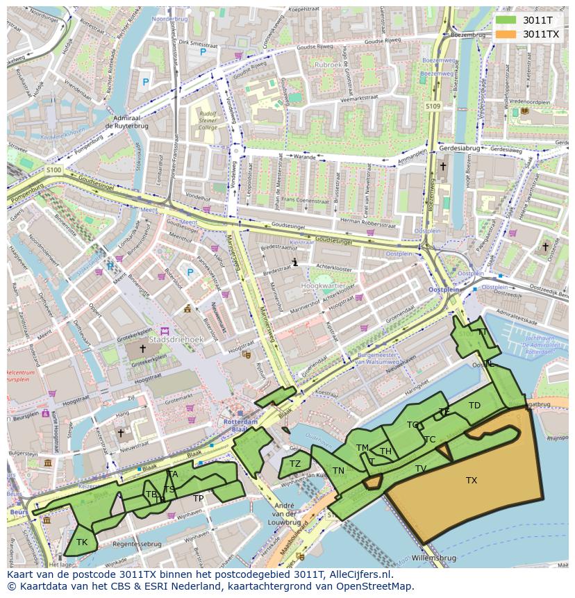 Afbeelding van het postcodegebied 3011 TX op de kaart.