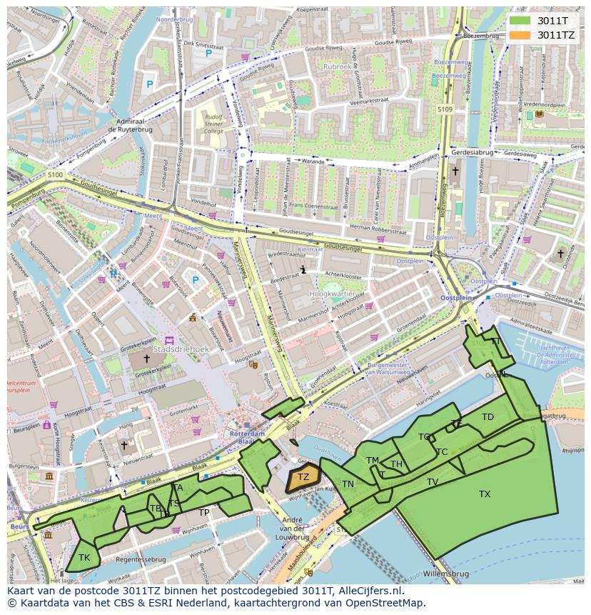 Afbeelding van het postcodegebied 3011 TZ op de kaart.