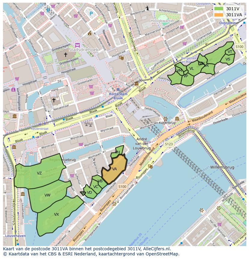 Afbeelding van het postcodegebied 3011 VA op de kaart.