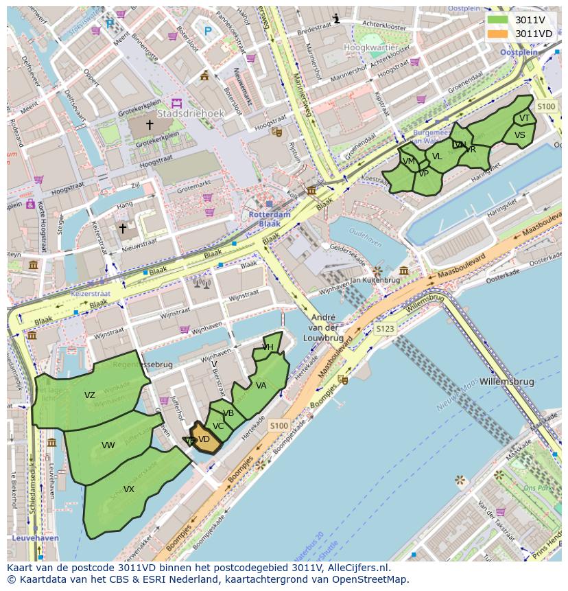 Afbeelding van het postcodegebied 3011 VD op de kaart.