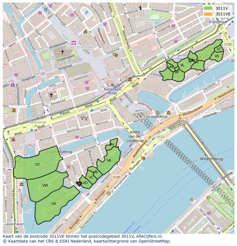 Afbeelding van het postcodegebied 3011 VE op de kaart.