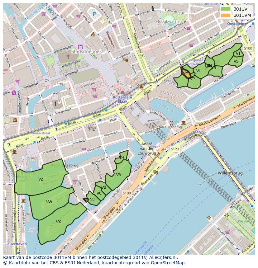 Afbeelding van het postcodegebied 3011 VM op de kaart.