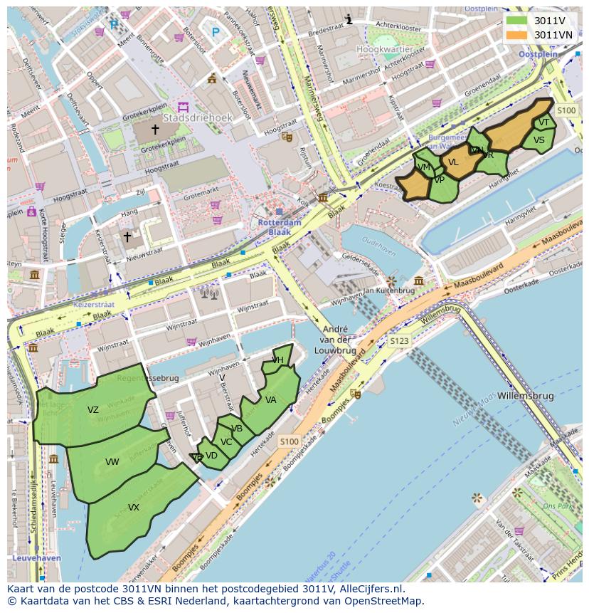 Afbeelding van het postcodegebied 3011 VN op de kaart.