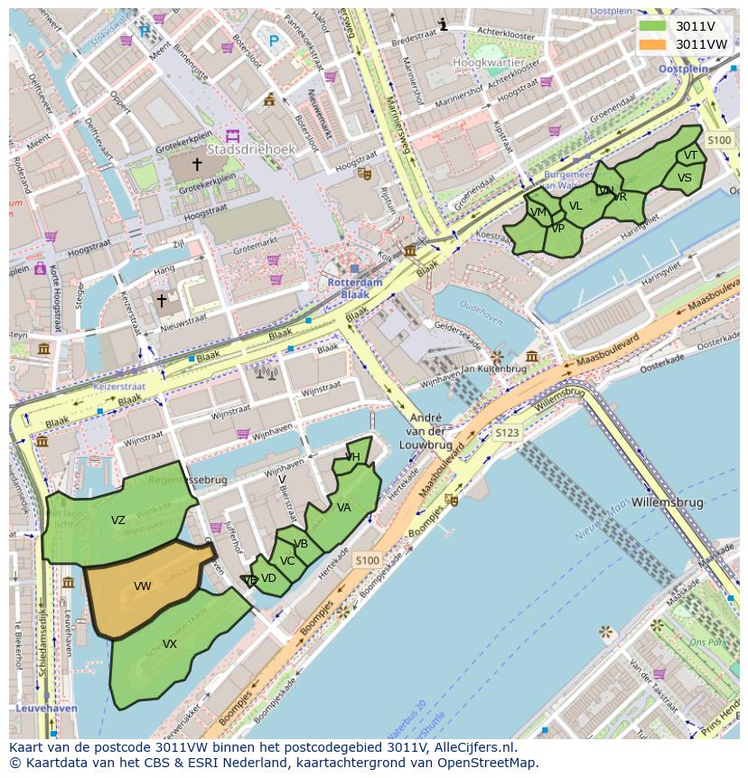 Afbeelding van het postcodegebied 3011 VW op de kaart.
