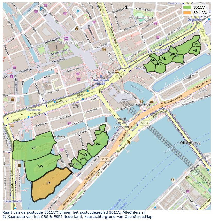 Afbeelding van het postcodegebied 3011 VX op de kaart.