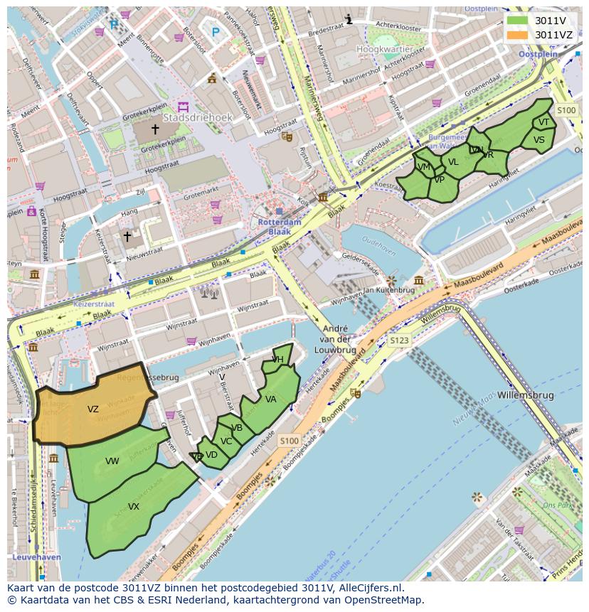 Afbeelding van het postcodegebied 3011 VZ op de kaart.