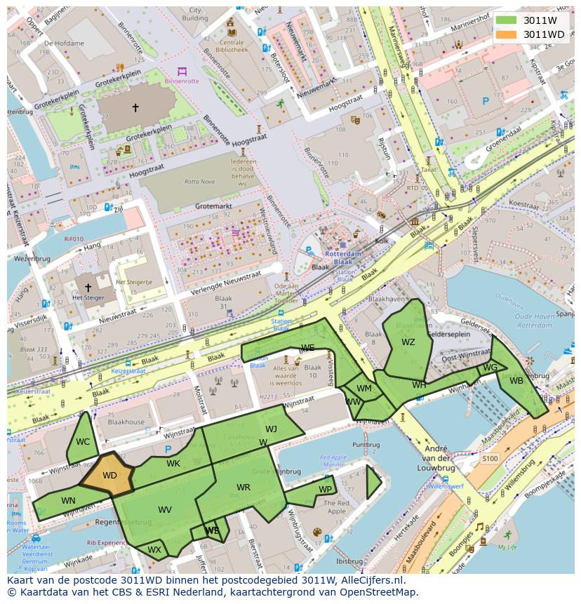 Afbeelding van het postcodegebied 3011 WD op de kaart.
