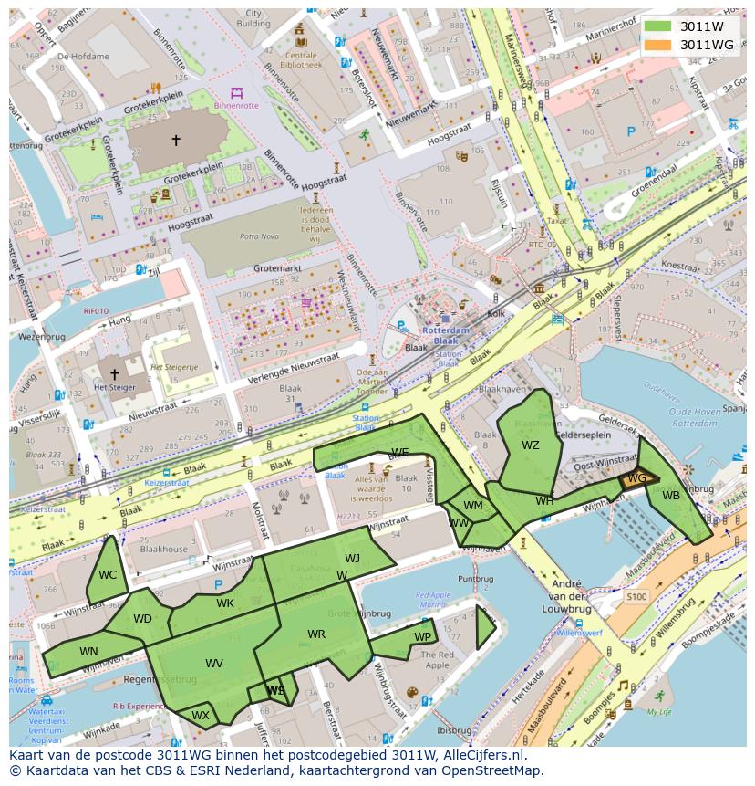 Afbeelding van het postcodegebied 3011 WG op de kaart.