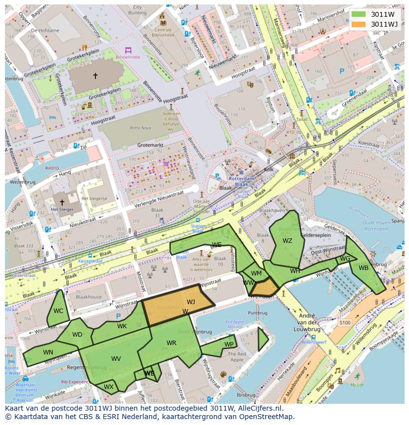 Afbeelding van het postcodegebied 3011 WJ op de kaart.
