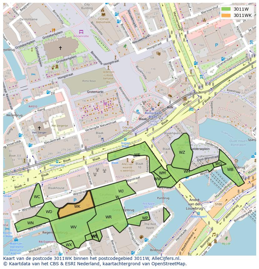 Afbeelding van het postcodegebied 3011 WK op de kaart.