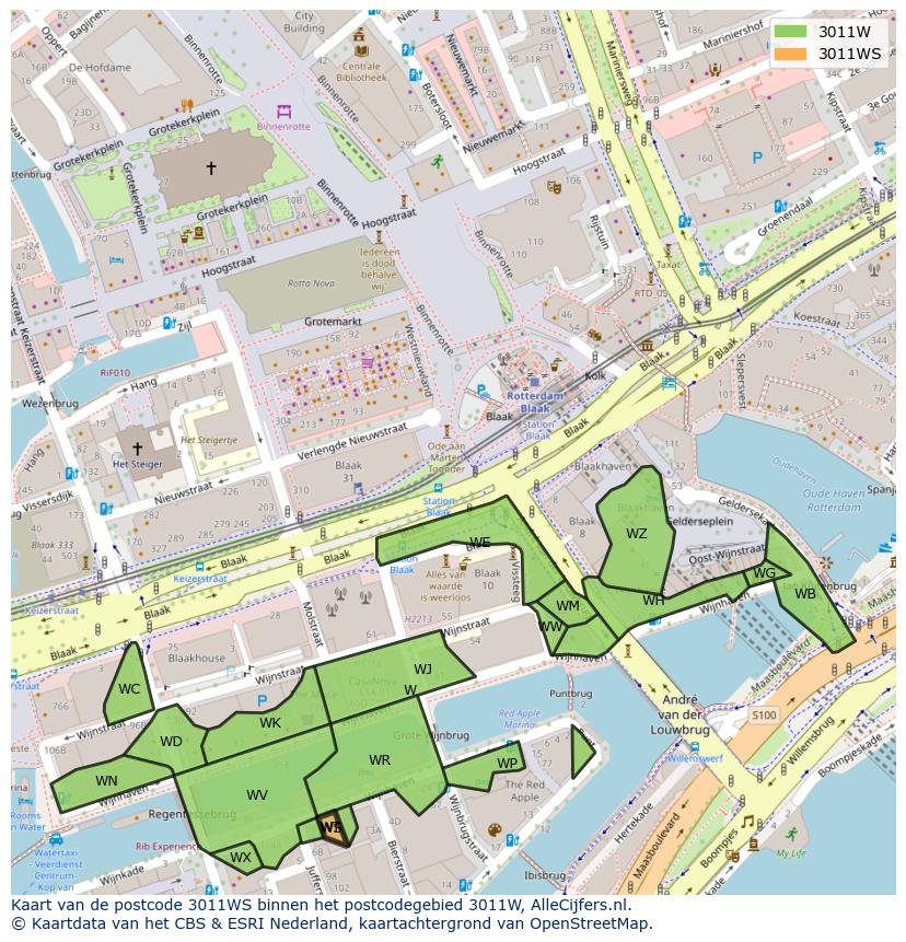 Afbeelding van het postcodegebied 3011 WS op de kaart.