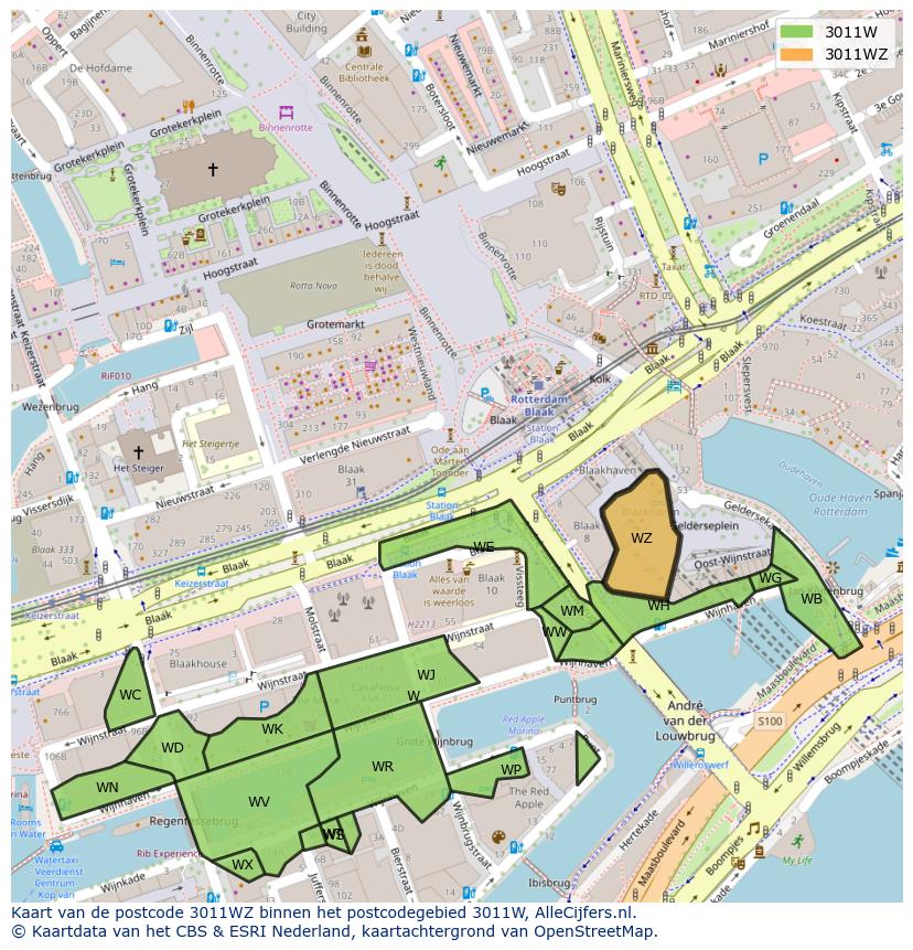 Afbeelding van het postcodegebied 3011 WZ op de kaart.