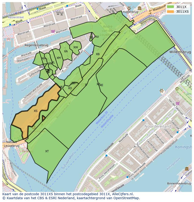 Afbeelding van het postcodegebied 3011 XS op de kaart.