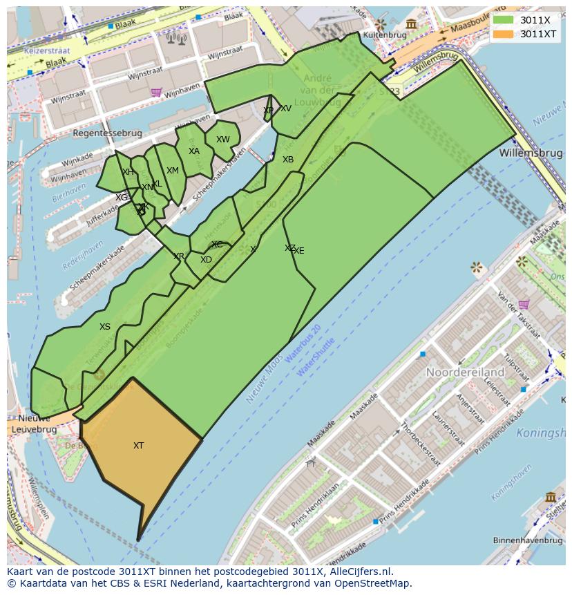 Afbeelding van het postcodegebied 3011 XT op de kaart.