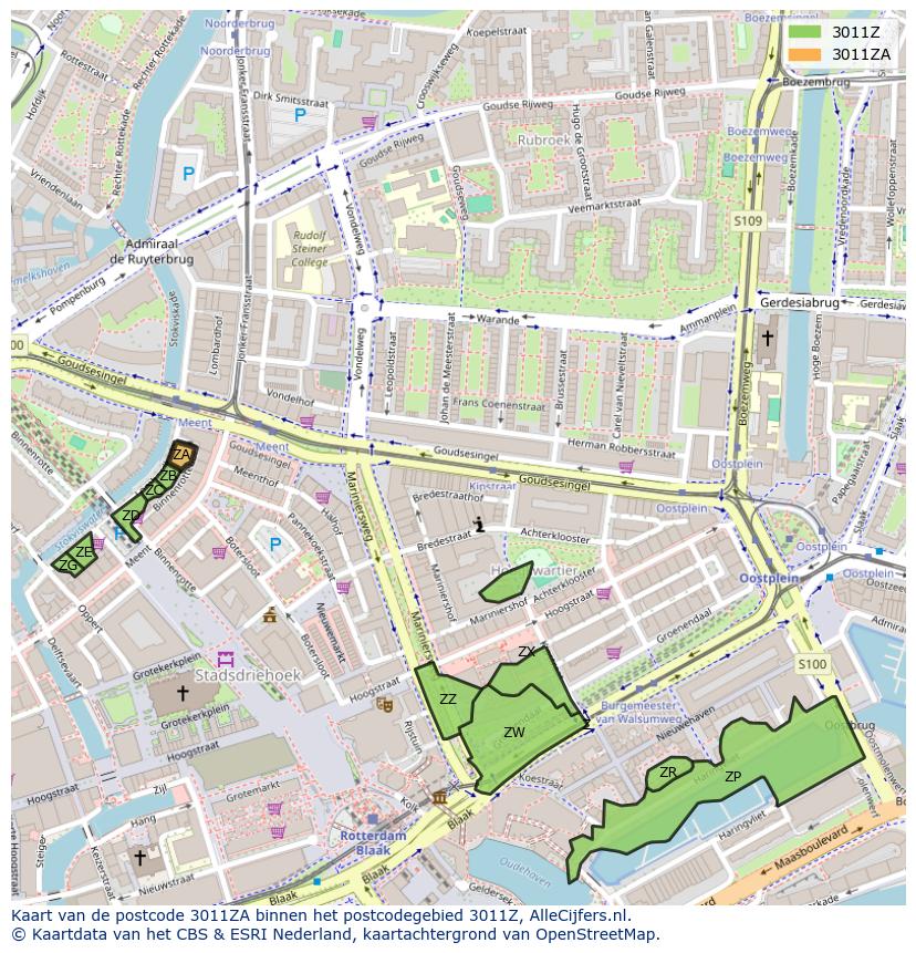 Afbeelding van het postcodegebied 3011 ZA op de kaart.
