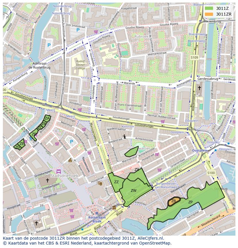 Afbeelding van het postcodegebied 3011 ZR op de kaart.