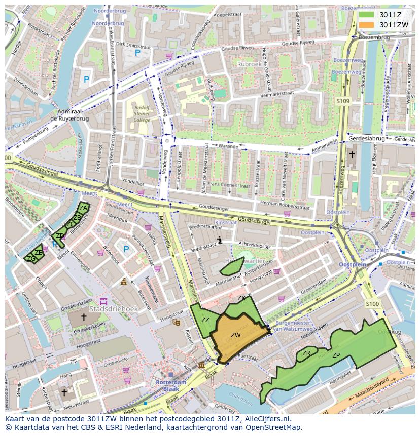 Afbeelding van het postcodegebied 3011 ZW op de kaart.