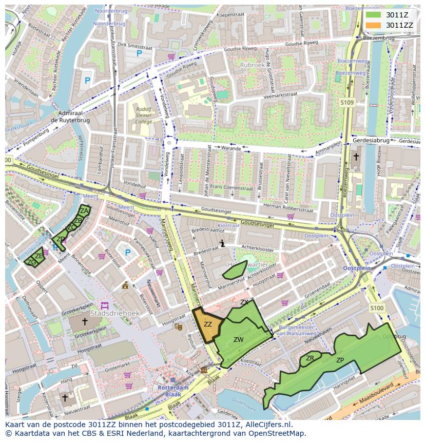 Afbeelding van het postcodegebied 3011 ZZ op de kaart.