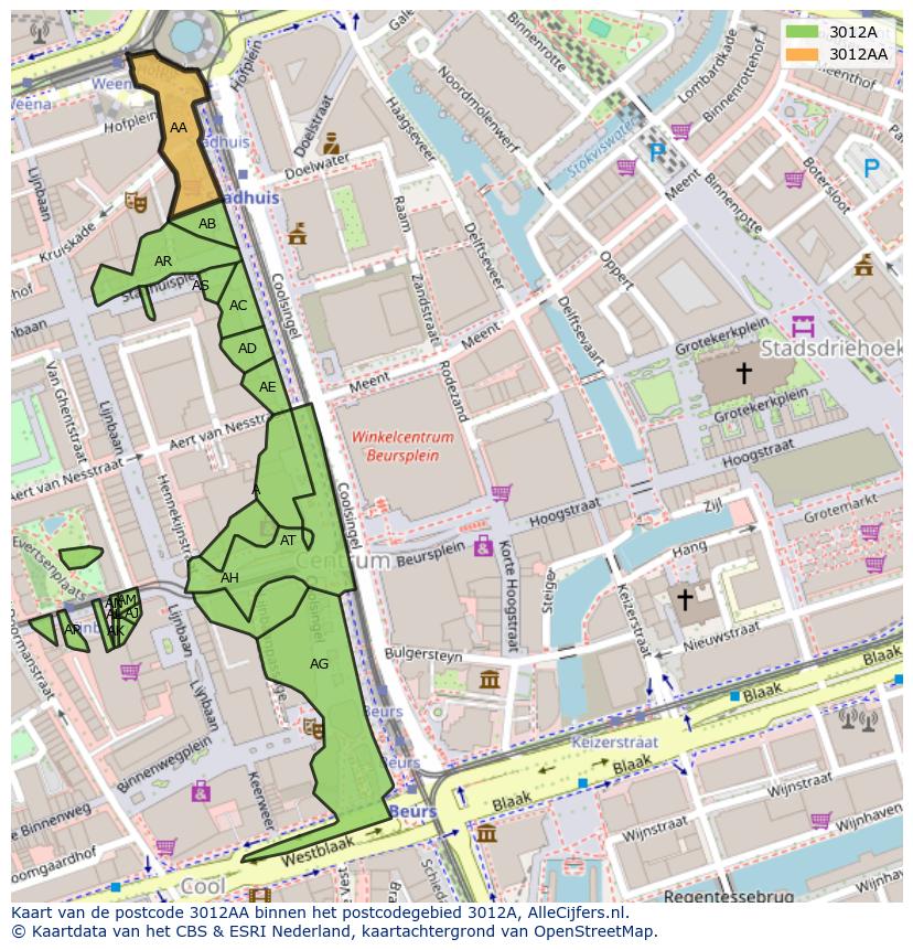 Afbeelding van het postcodegebied 3012 AA op de kaart.