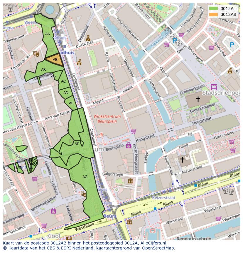 Afbeelding van het postcodegebied 3012 AB op de kaart.