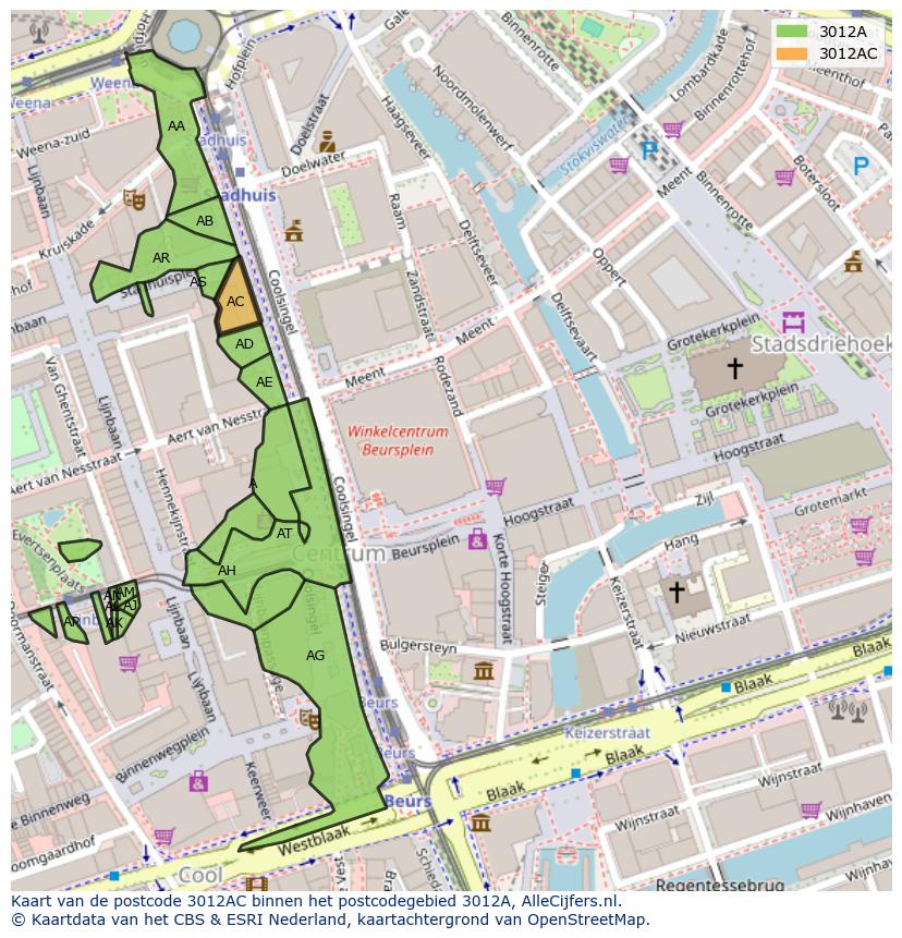 Afbeelding van het postcodegebied 3012 AC op de kaart.