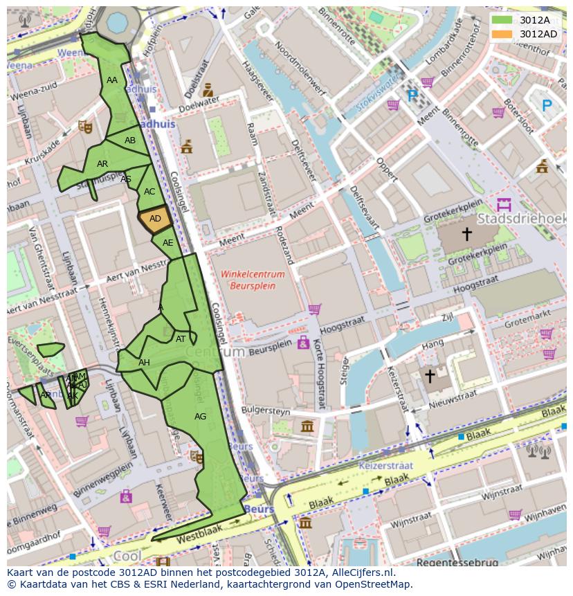 Afbeelding van het postcodegebied 3012 AD op de kaart.