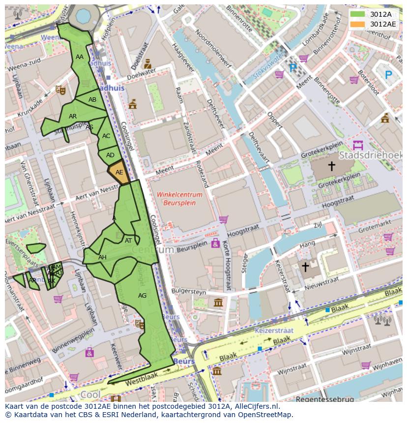 Afbeelding van het postcodegebied 3012 AE op de kaart.